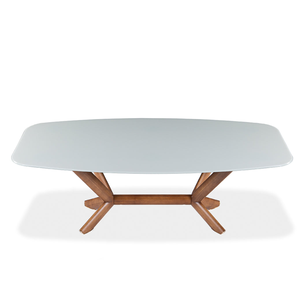 Table de salle à manger rectangulaire avec contour arrondi en verre et bois noyer - Samuel