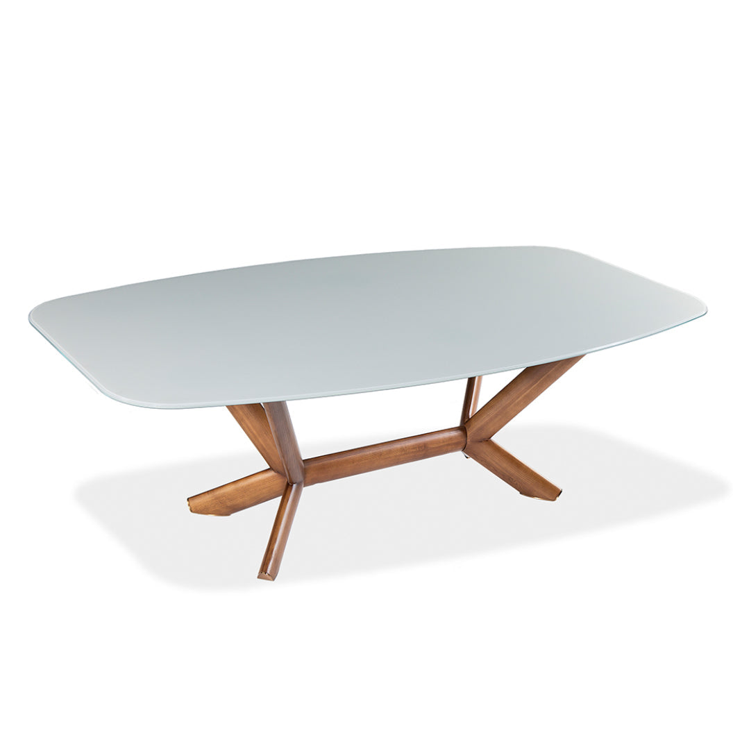 Table de salle à manger rectangulaire avec contour arrondi en verre et bois noyer - Samuel