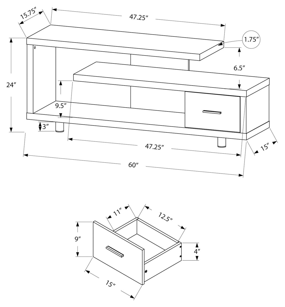 Meuble de télévision en stratifié et métal à 1 tiroir - I 2572-2573-2575