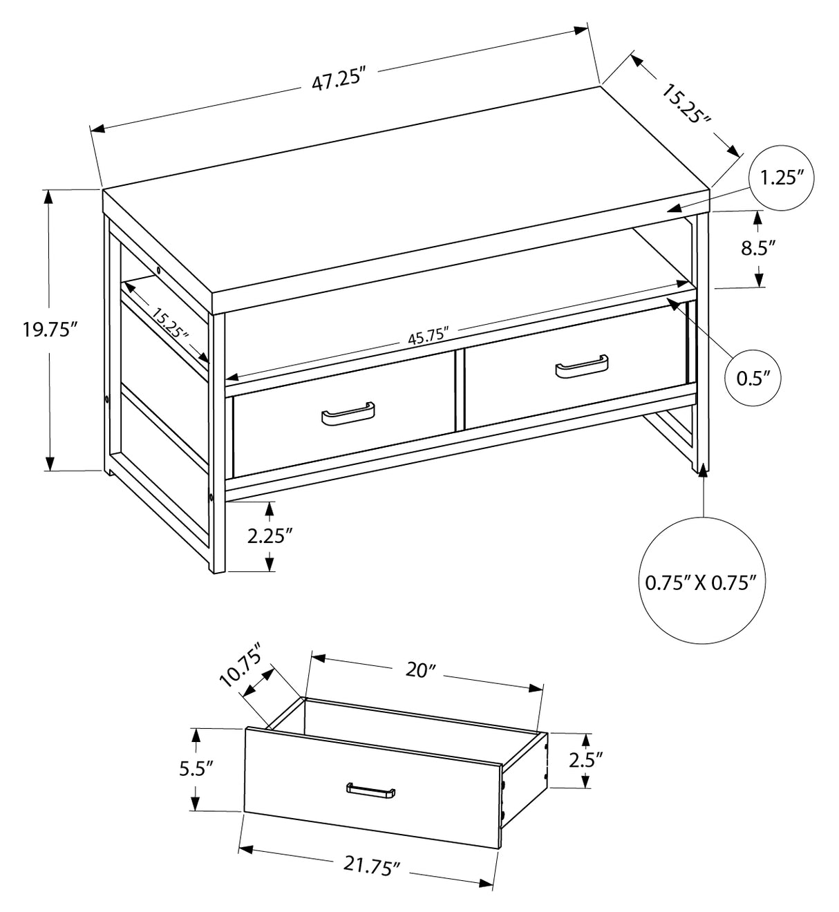 Meuble de télévision en stratifié et métal noir avec 2 tiroirs - I 2870-2871-2872