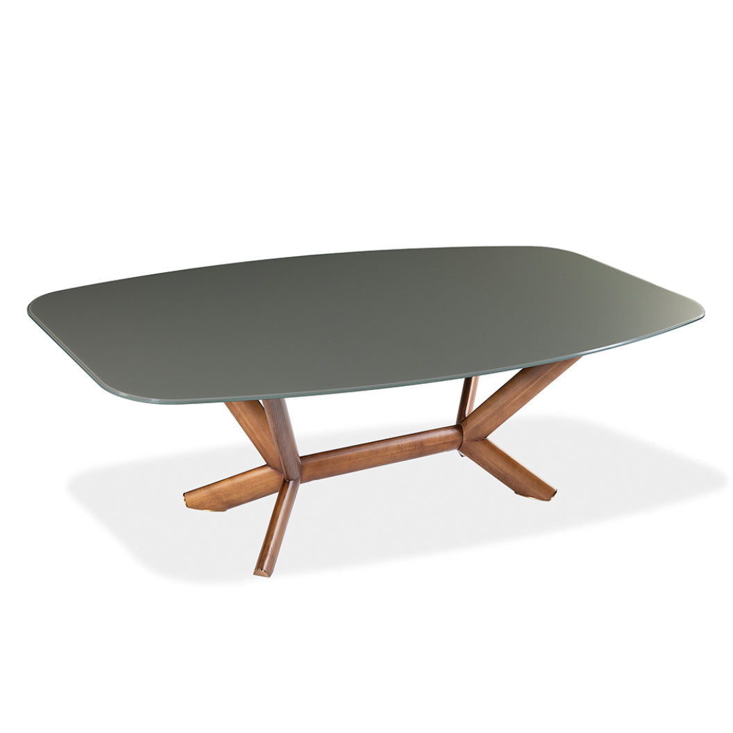 Table de salle à manger rectangulaire avec contour arrondi en verre et bois noyer - Samuel