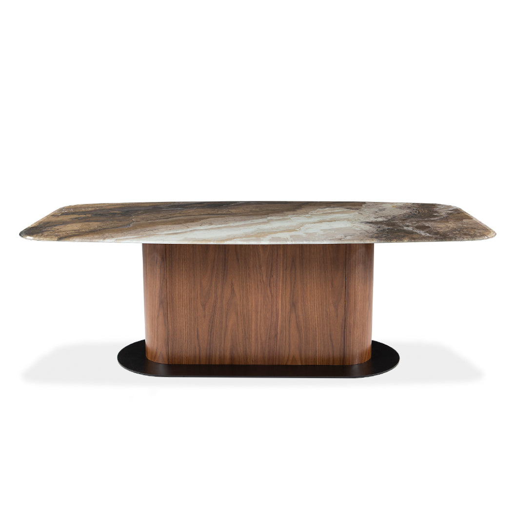 Table de salle à manger rectangulaire avec contour arrondi en verre et en bois - Luciano