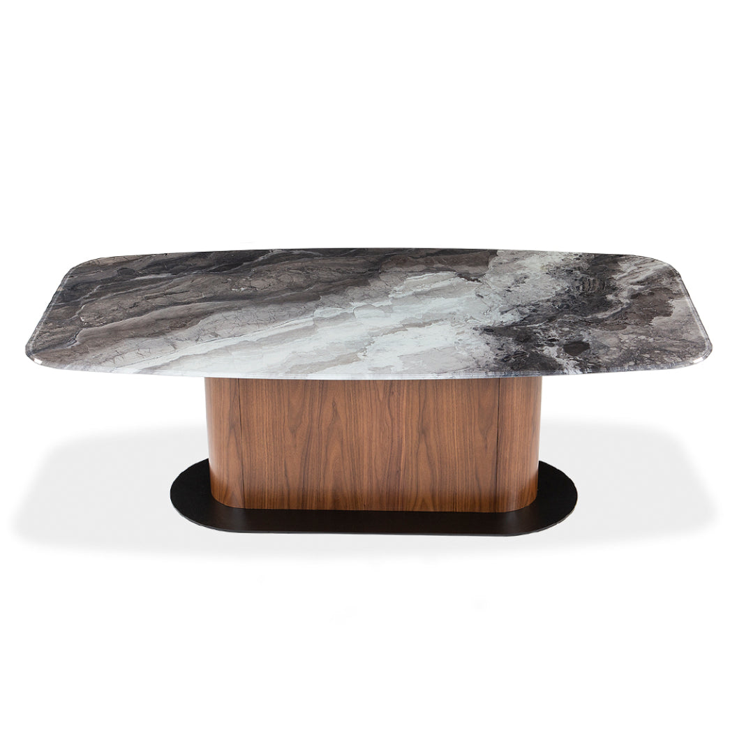 Table de salle à manger rectangulaire avec contour arrondi en verre et en bois - Luciano