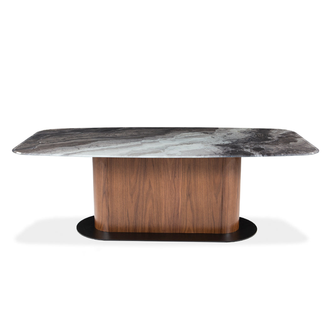 Table de salle à manger rectangulaire avec contour arrondi en verre et en bois - Luciano