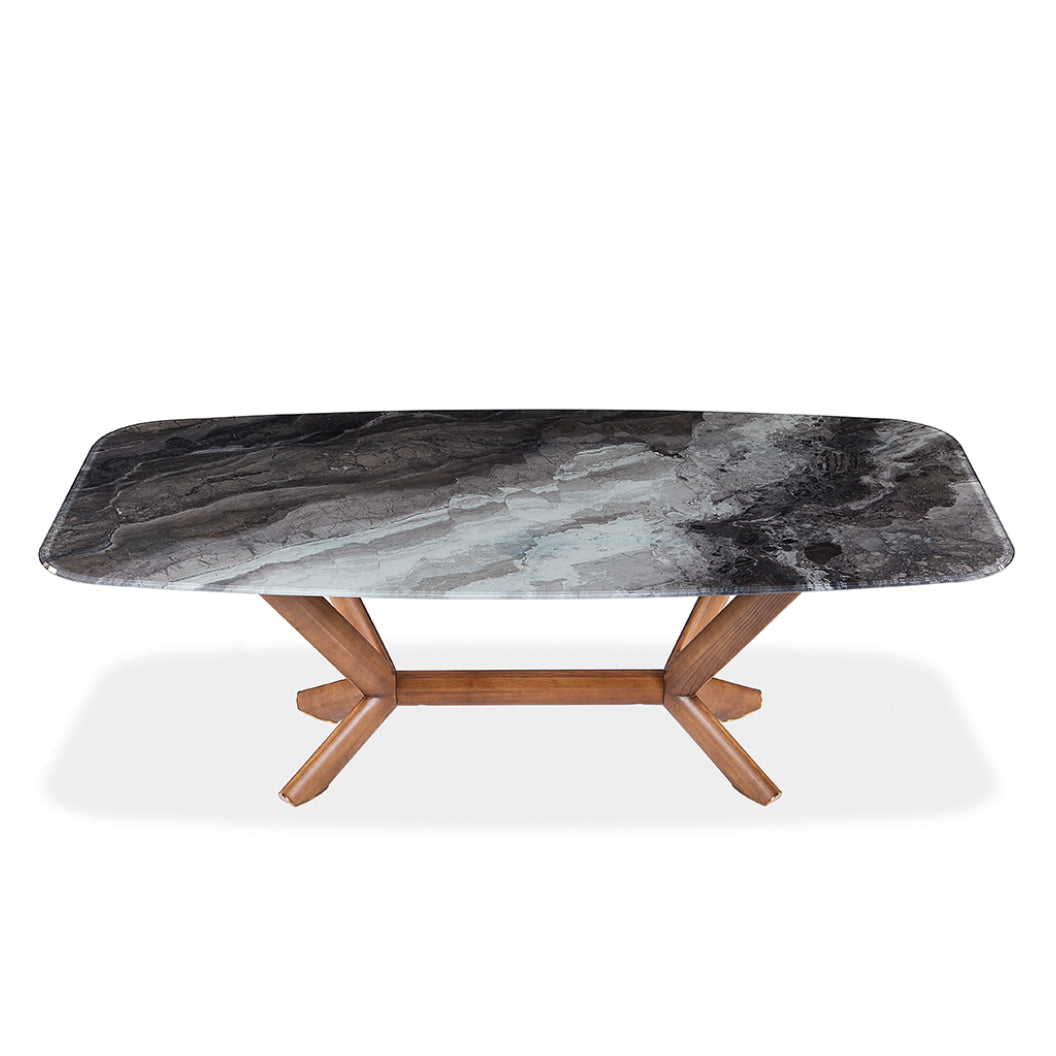 Table de salle à manger rectangulaire avec contour arrondi en verre et bois noyer - Samuel