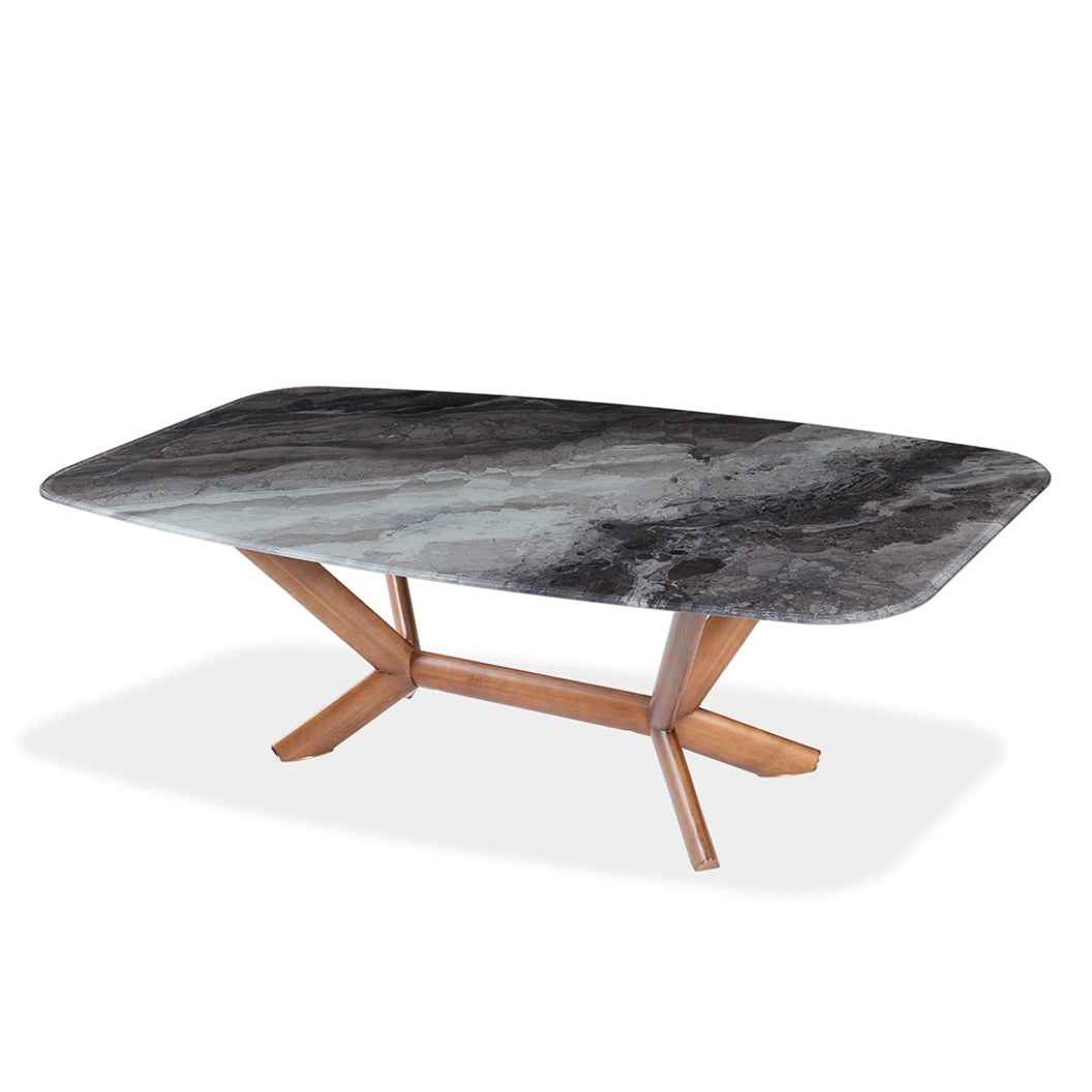 Table de salle à manger rectangulaire avec contour arrondi en verre et bois noyer - Samuel