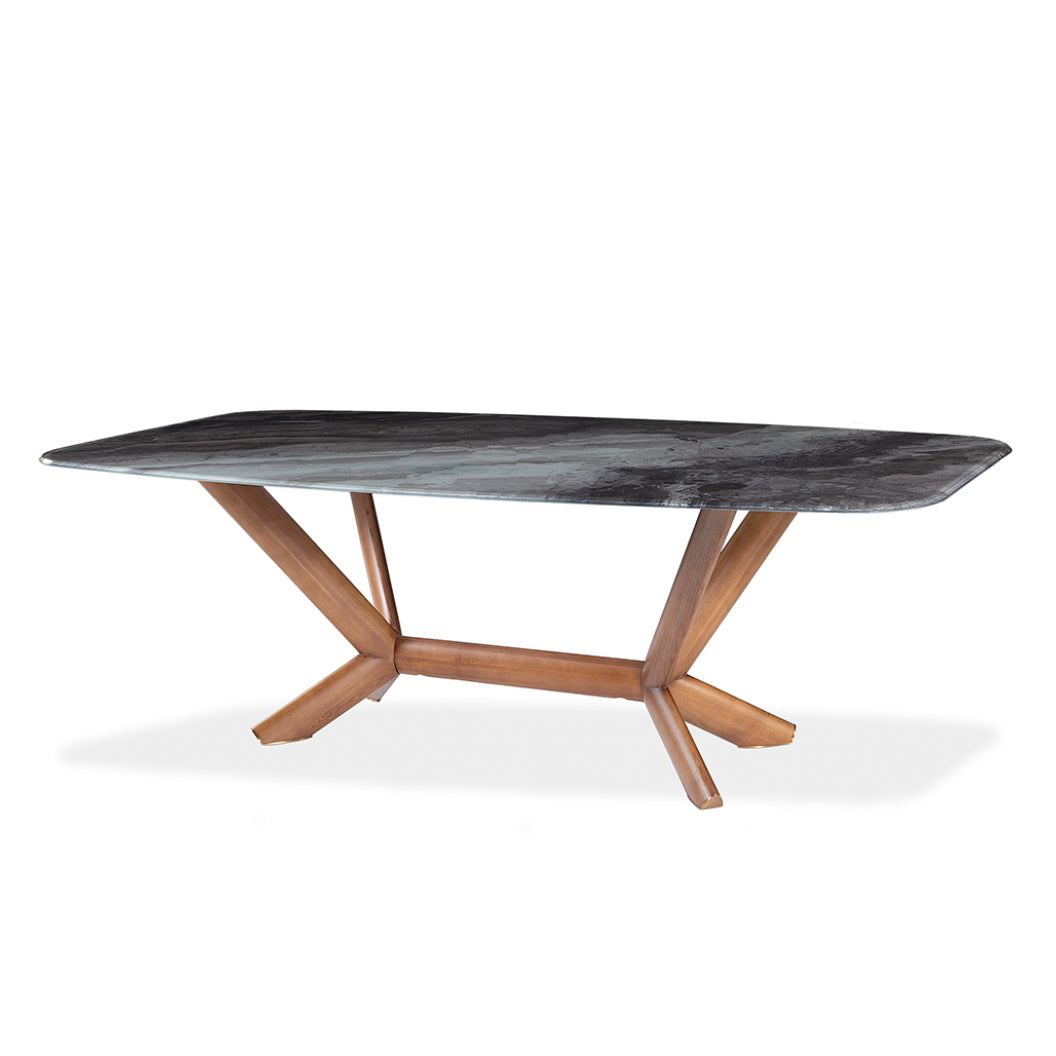 Table de salle à manger rectangulaire avec contour arrondi en verre et bois noyer - Samuel