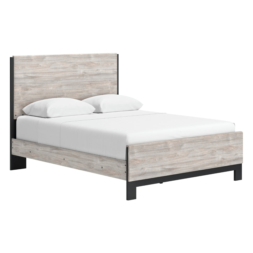 Lit complet Grand en bois gris et métal noir