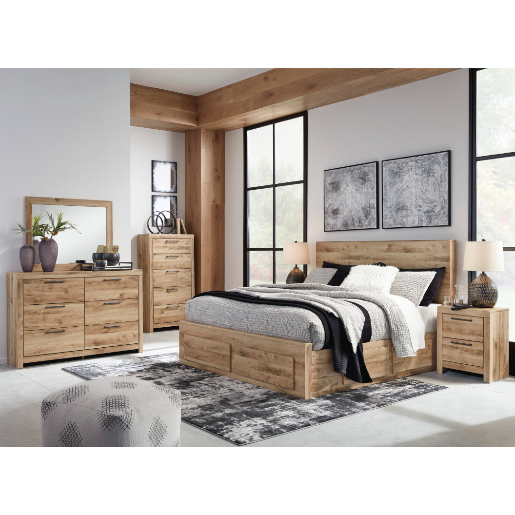 Lit complet en bois et placage brun clair avec 6 tiroirs Hyanna - Grand / Très grand