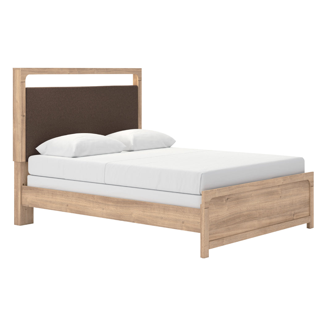 Lit complet avec tête rembourrée en tissu brun et bois/MDF beige Grand / Très grand - Kinlanni