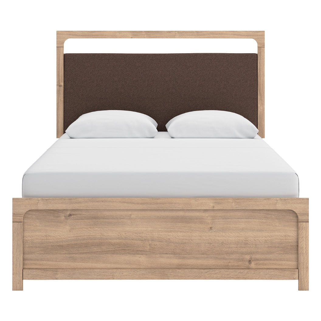 Lit complet avec tête rembourrée en tissu brun et bois/MDF beige Grand / Très grand - Kinlanni