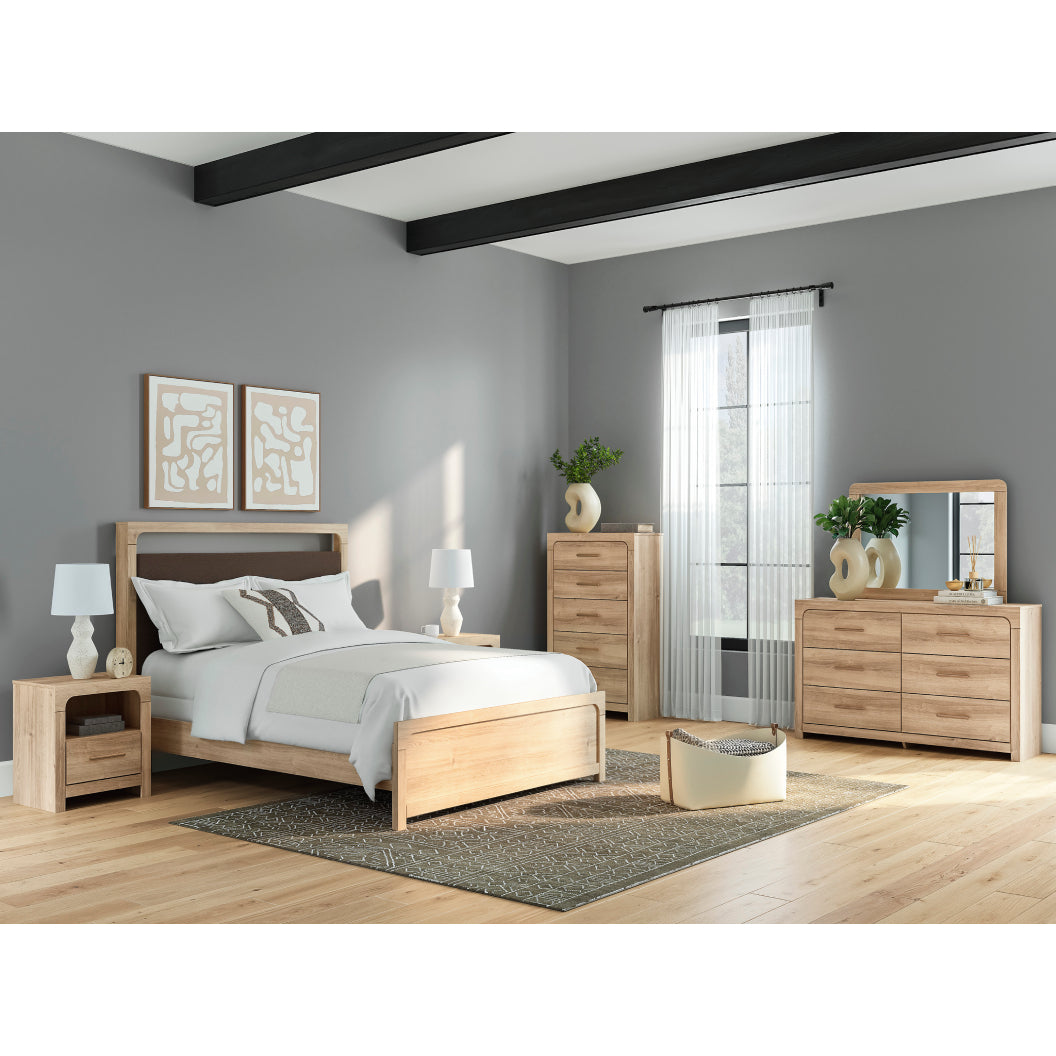 Lit complet avec tête rembourrée en tissu brun et bois/MDF beige Grand / Très grand - Kinlanni
