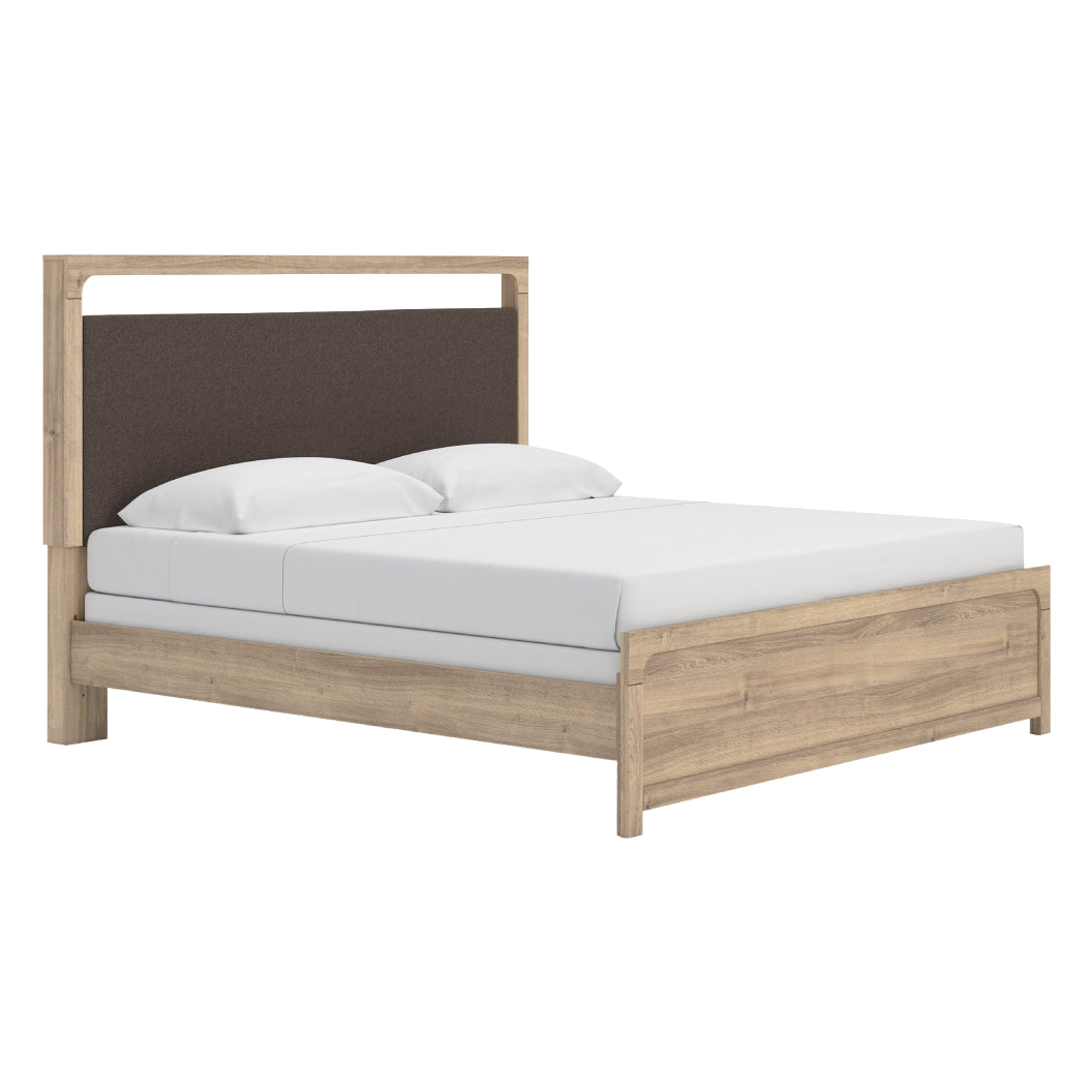 Lit complet avec tête rembourrée en tissu brun et bois/MDF beige Grand / Très grand - Kinlanni