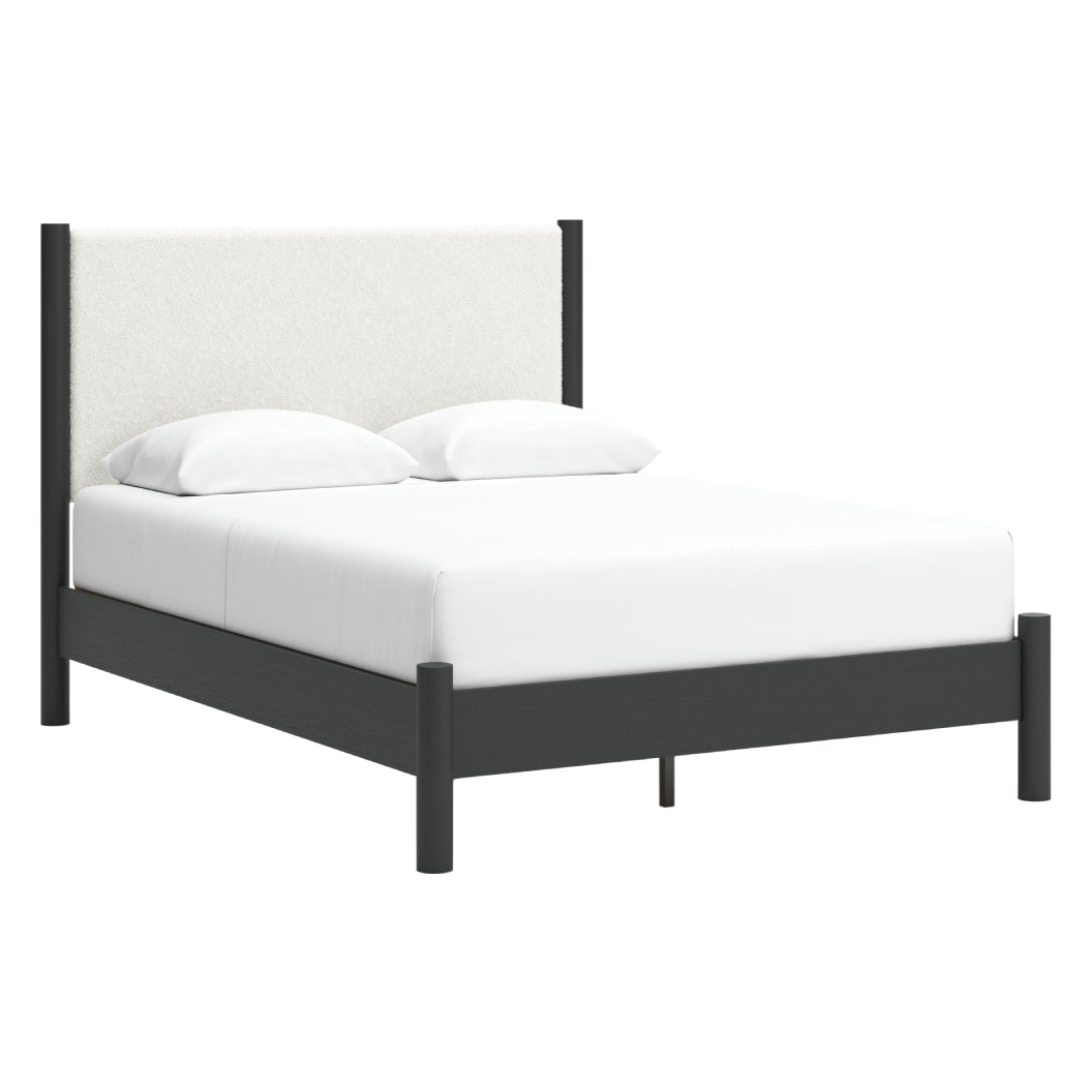 Lit complet en tissu blanc et bois noir Grand / Très grand - Cadmori