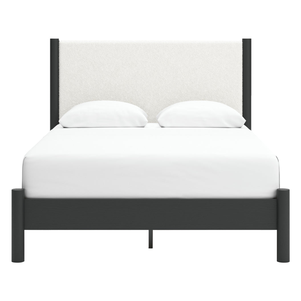 Lit complet en tissu blanc et bois noir Grand / Très grand - Cadmori