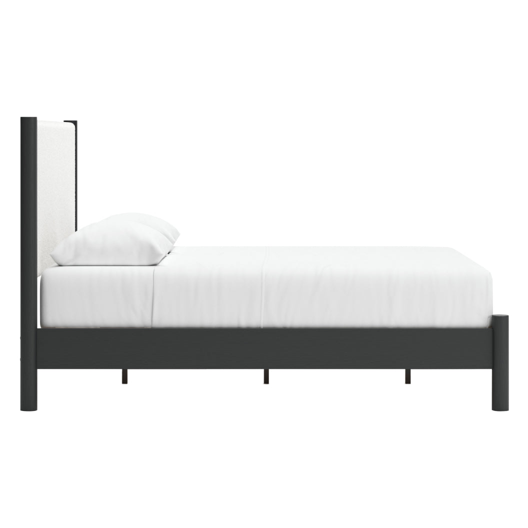 Lit complet en tissu blanc et bois noir Grand / Très grand - Cadmori