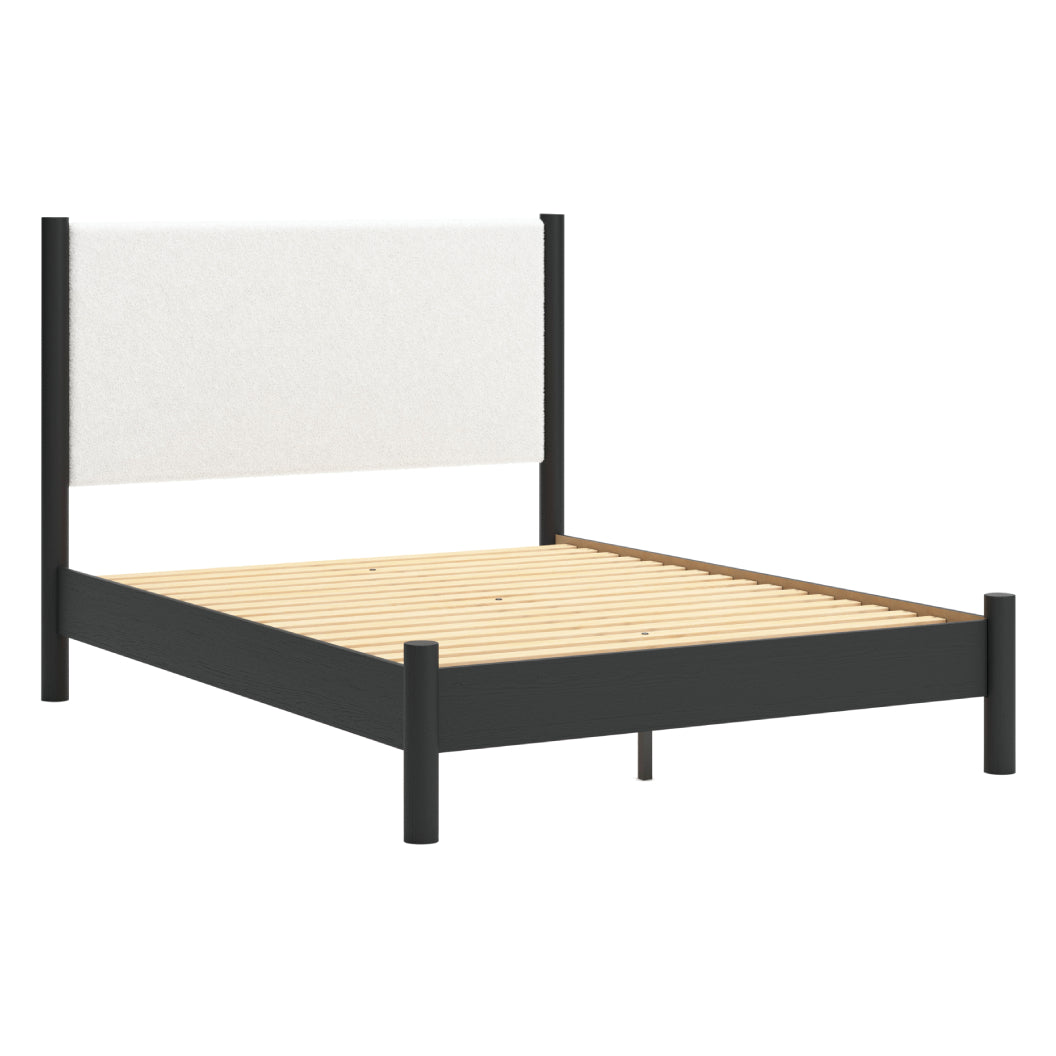 Lit complet en tissu blanc et bois noir Grand / Très grand - Cadmori