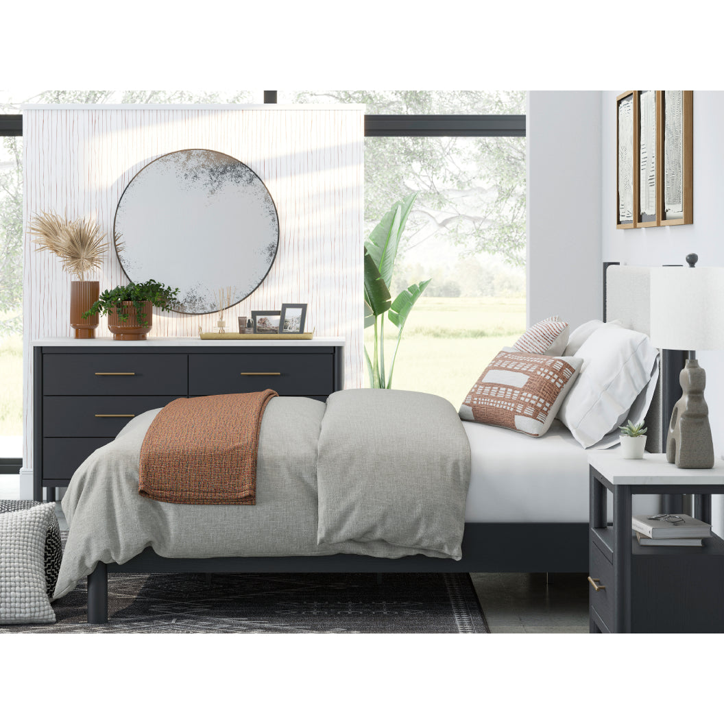 Lit complet en tissu blanc et bois noir Grand / Très grand - Cadmori