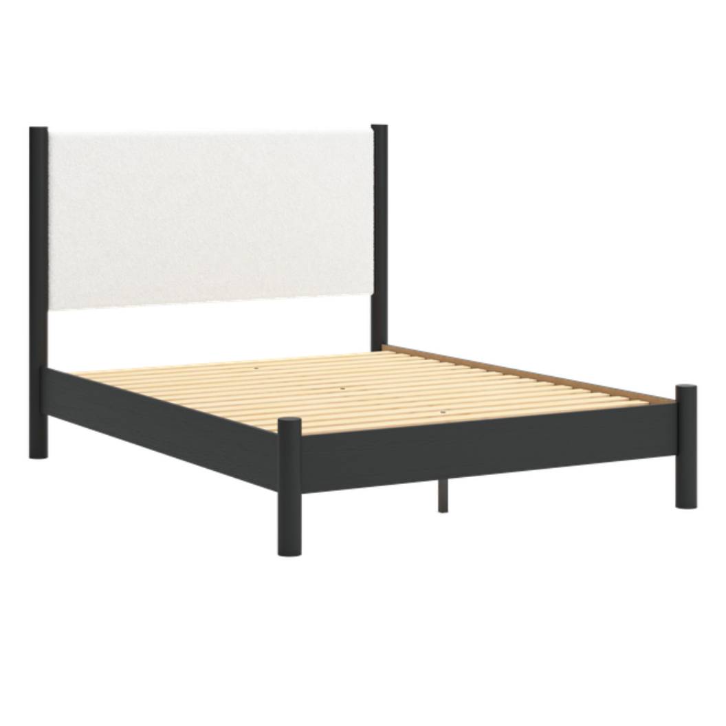 Lit complet en tissu blanc et en bois noir Cadmori - Grand