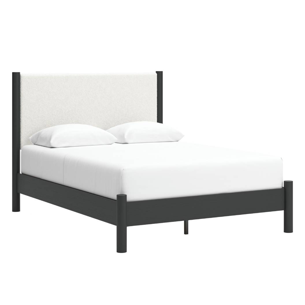 Lit complet en tissu blanc et en bois noir Cadmori - Grand