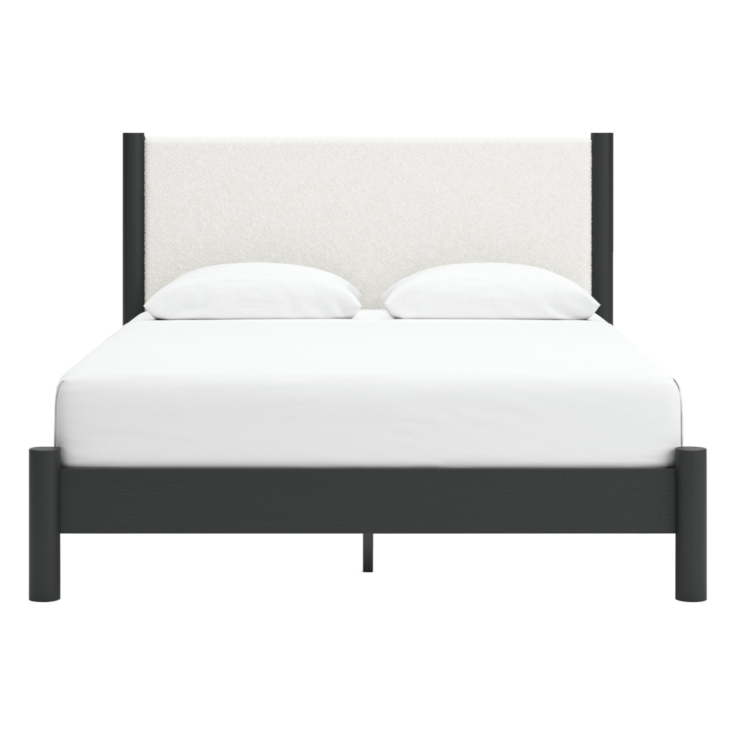 Lit complet en tissu blanc et bois noir Grand / Très grand - Cadmori