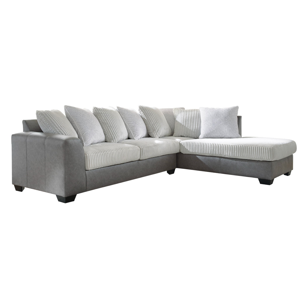 Sectionnel 2 pièces en tissu blanc et aspect cuir gris avec chaise longue & coussins - Clairette Court
