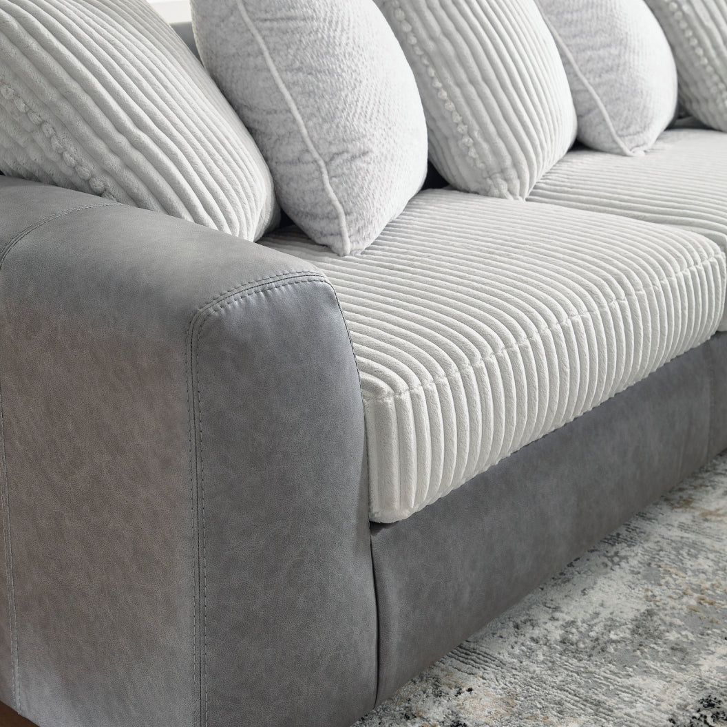 Sectionnel 2 pièces en tissu blanc et aspect cuir gris avec chaise longue & coussins - Clairette Court