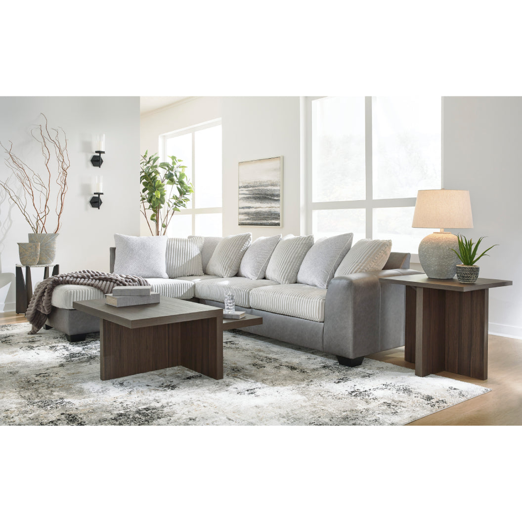 Sectionnel 2 pièces en tissu blanc et aspect cuir gris avec chaise longue & coussins - Clairette Court