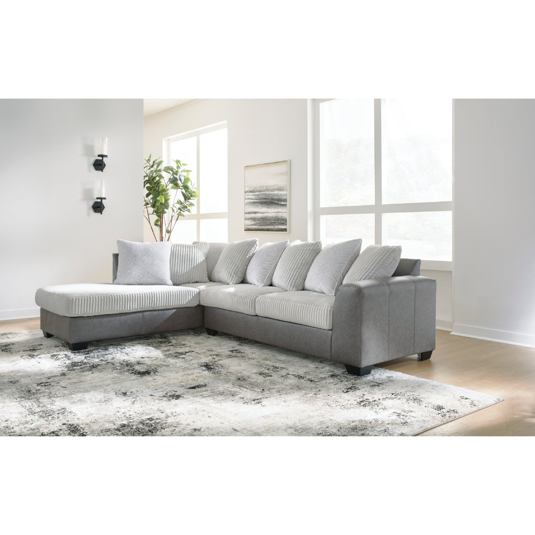 Sectionnel 2 pièces en tissu blanc et aspect cuir gris avec chaise longue & coussins - Clairette Court