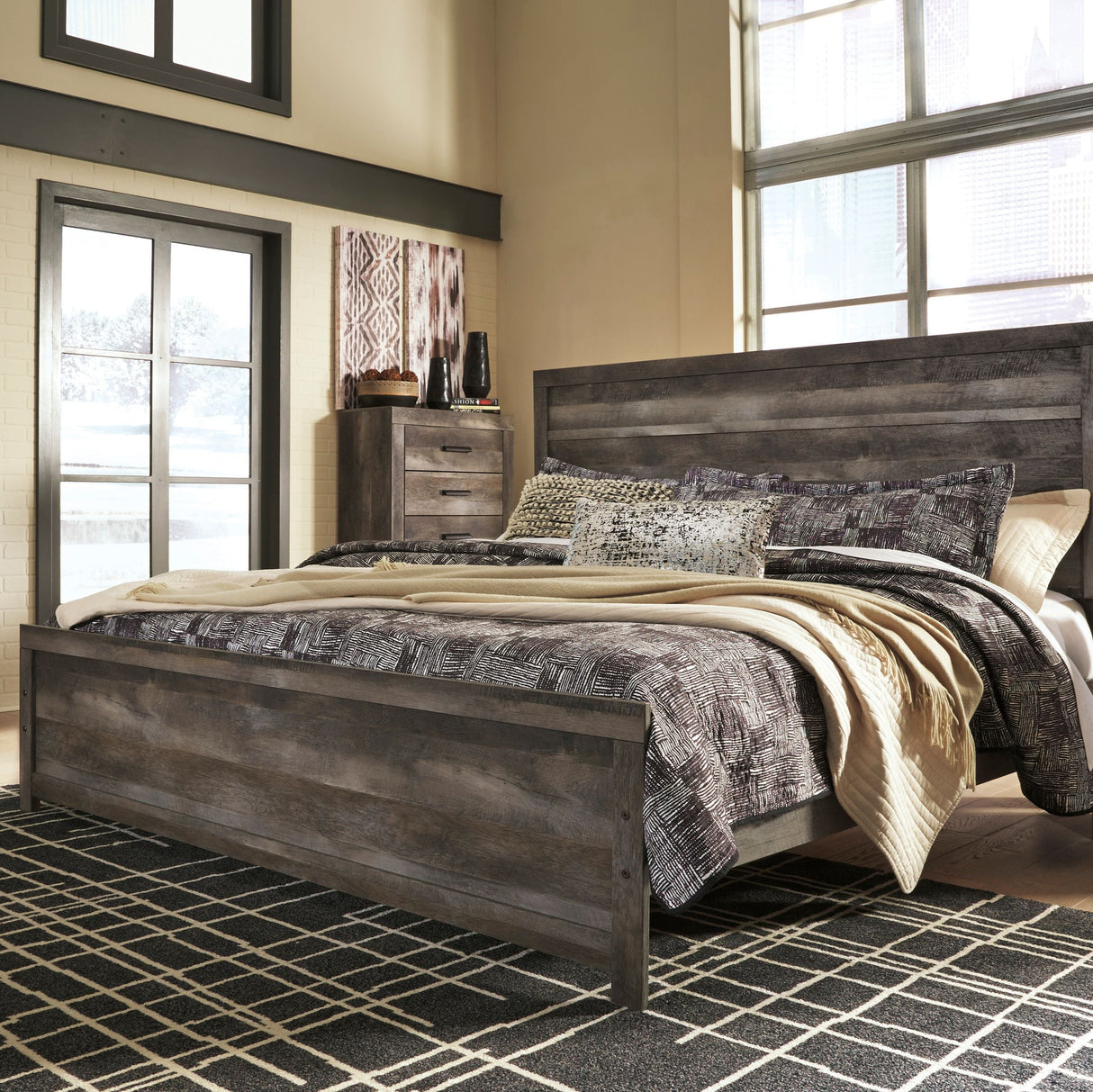 Lit complet en bois/placage gris rustique Grand / Très grand - Wynnlow