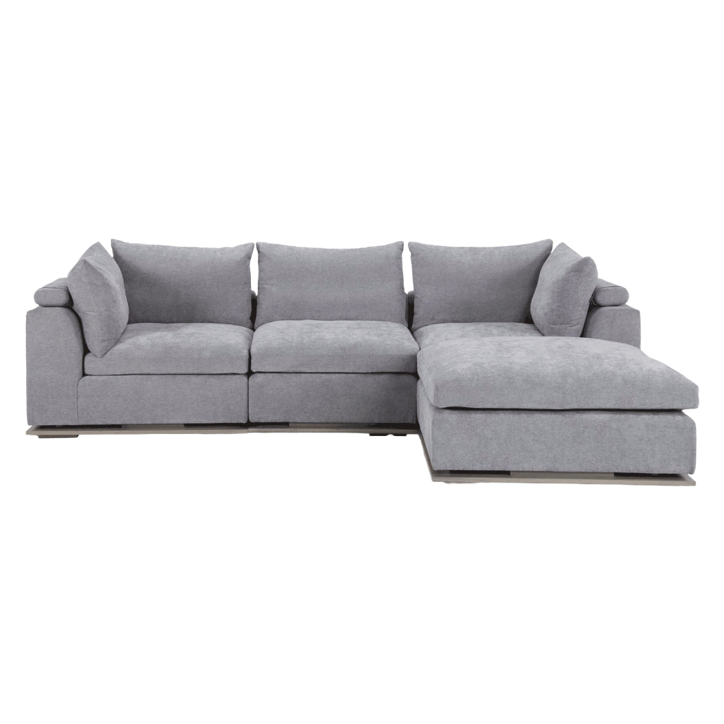 Sectionnel modulaire 3 pièces en tissu gris et base en bois avec ottoman - Nature