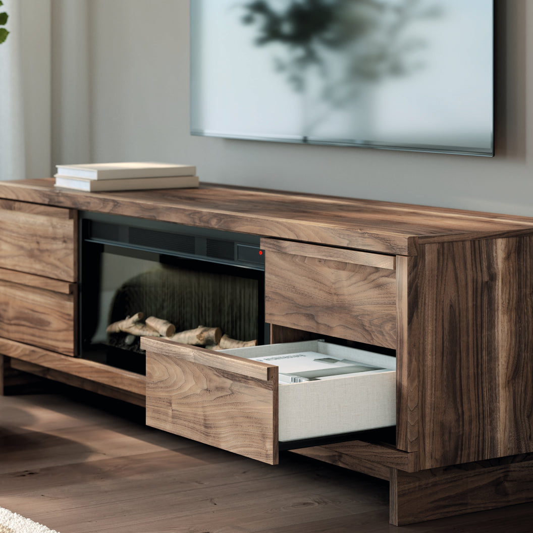 Meuble de télévision XL en bois/MDF brun avec foyer électrique - Zadilyn