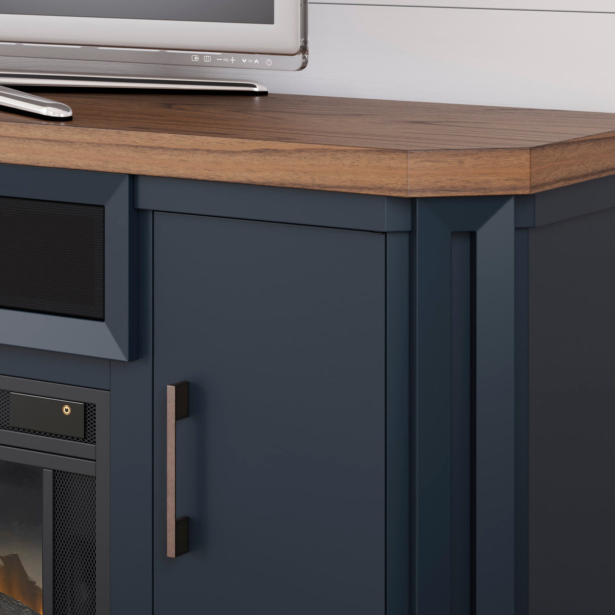 Meuble de télévision en bois et placage bicolore avec foyer électrique - Lanocken