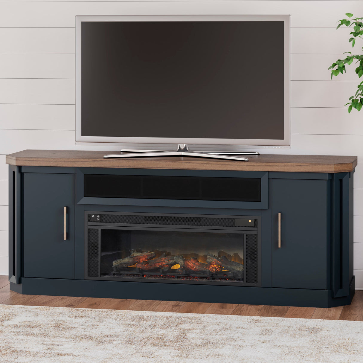 Meuble de télévision en bois et placage bicolore avec foyer électrique - Lanocken