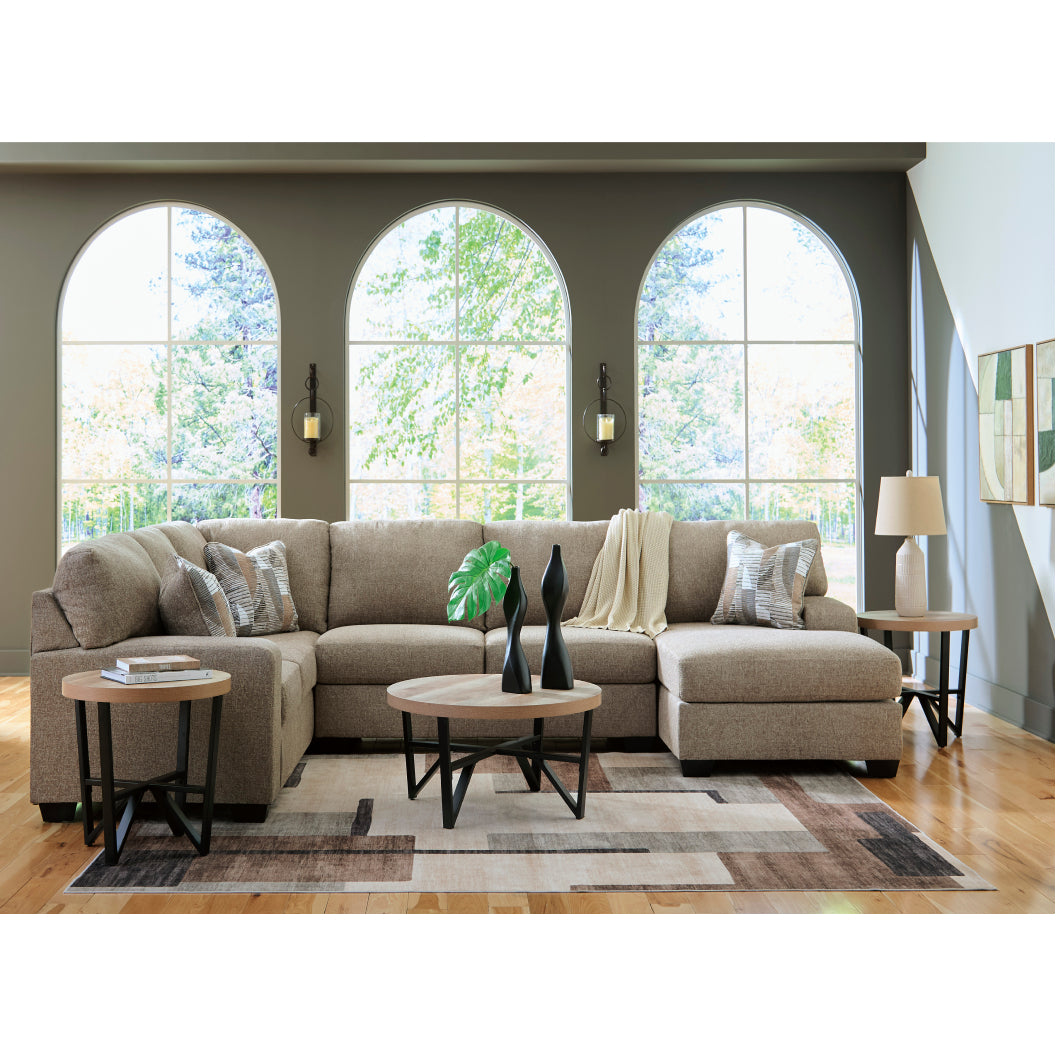 Sectionnel 3 pièces en tissu beige avec chaise longue & 3 coussins - Newellen
