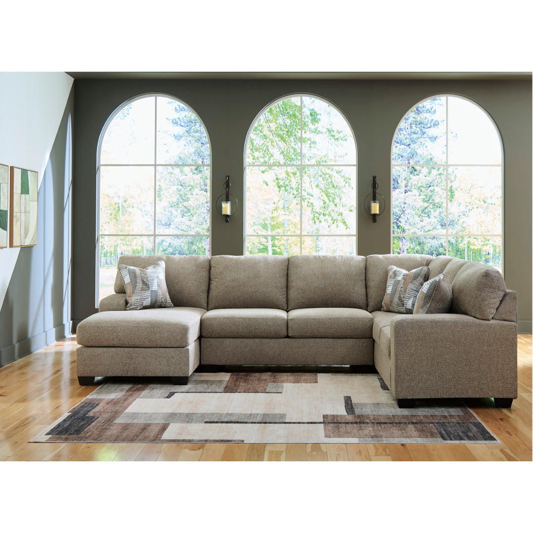 Sectionnel 3 pièces en tissu beige avec chaise longue & 3 coussins - Newellen