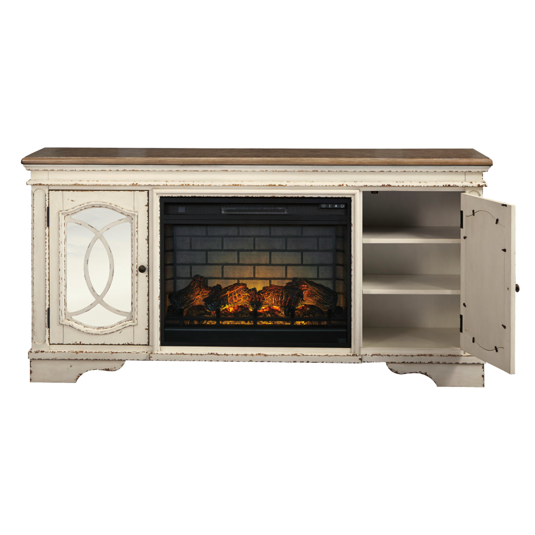 Meuble de télévision en bois et placage bicolore avec foyer électrique - Realyn