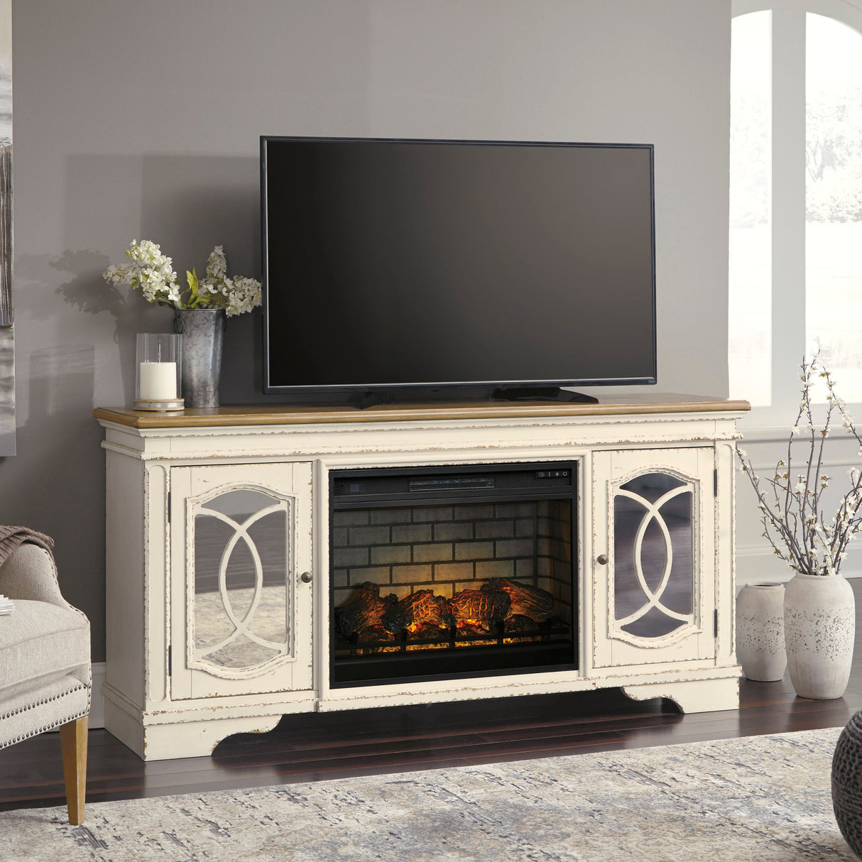 Meuble de télévision en bois et placage bicolore avec foyer électrique - Realyn