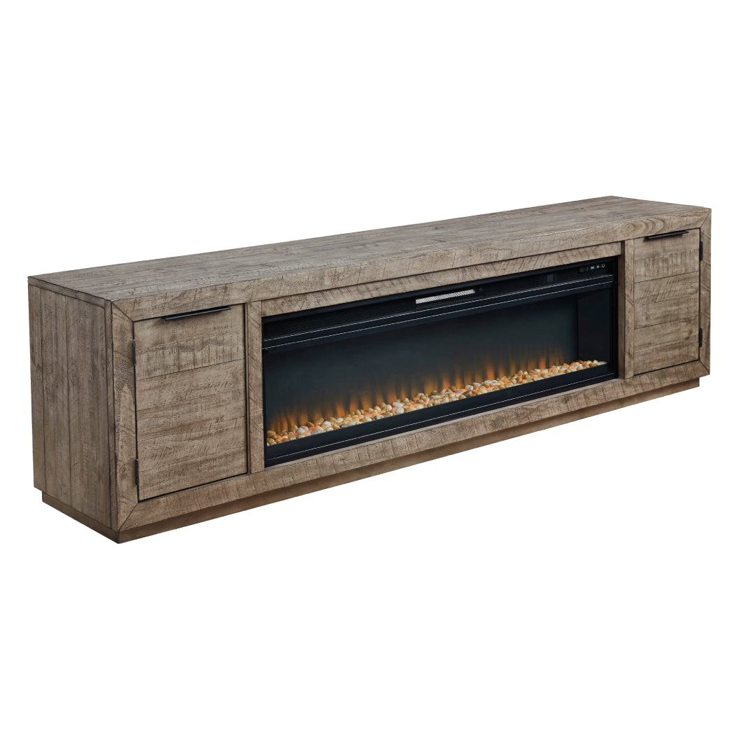 Meuble de télévision en bois et placage gris patiné avec foyer électrique - Krystanza