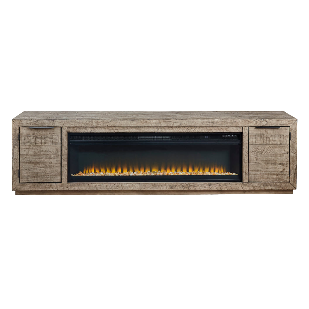 Meuble de télévision en bois et placage gris patiné avec foyer électrique - Krystanza