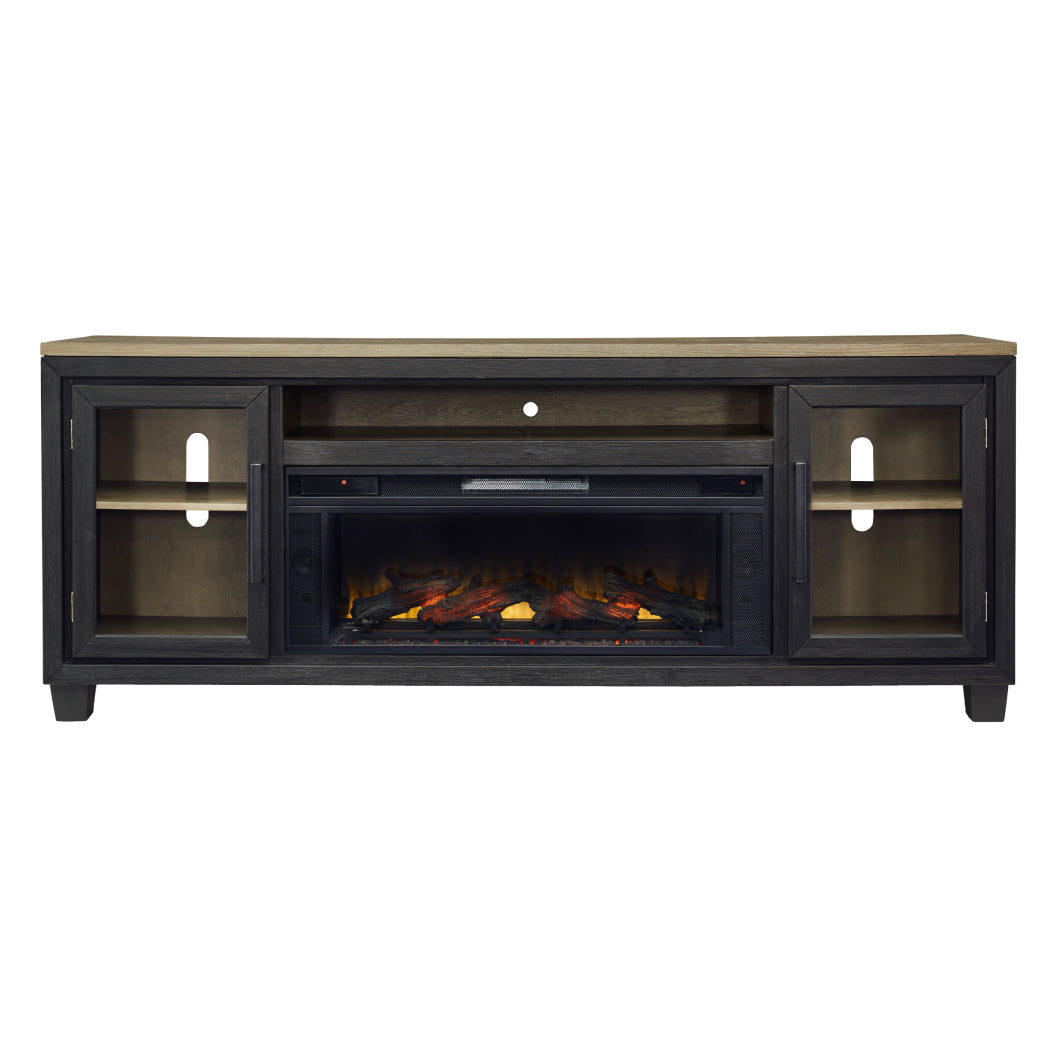 Meuble de télévision en bois et placage bicolore avec foyer électrique - Foyland