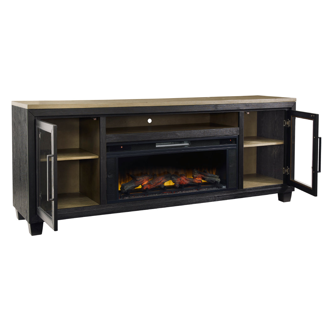 Meuble de télévision en bois et placage bicolore avec foyer électrique - Foyland