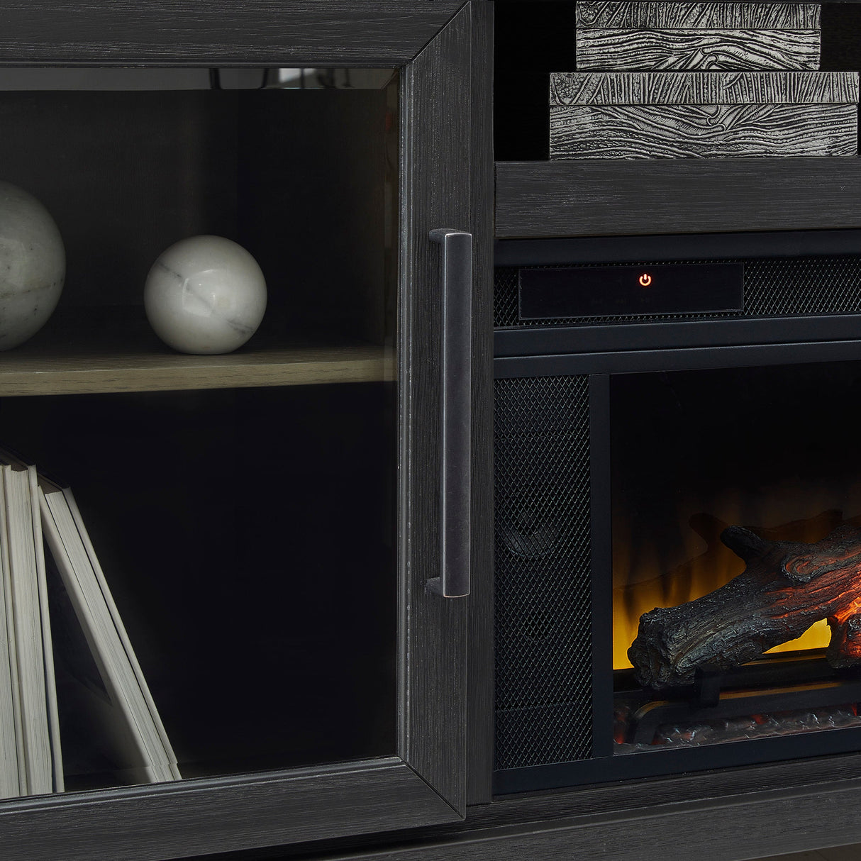 Meuble de télévision en bois et placage bicolore avec foyer électrique - Foyland