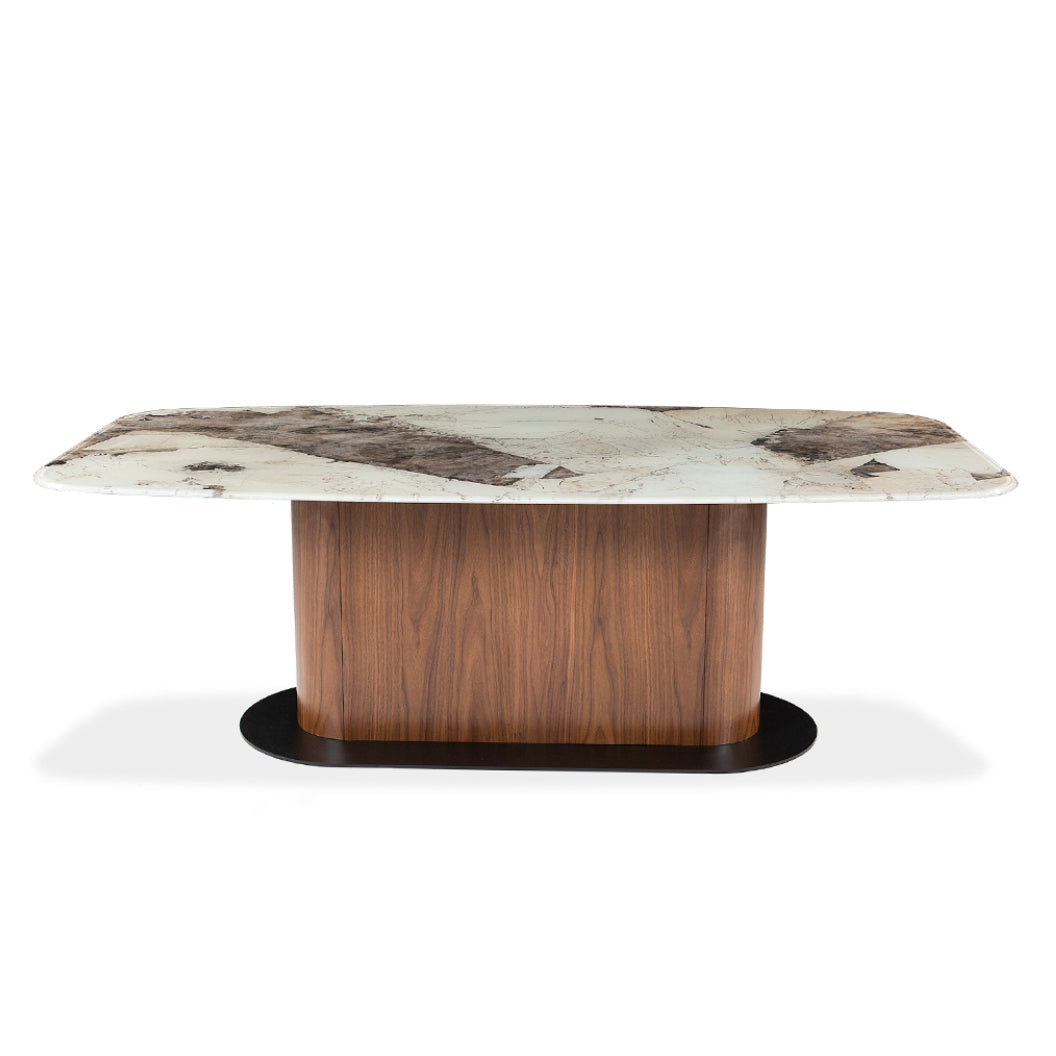 Table de salle à manger rectangulaire avec contour arrondi en verre et en bois - Luciano