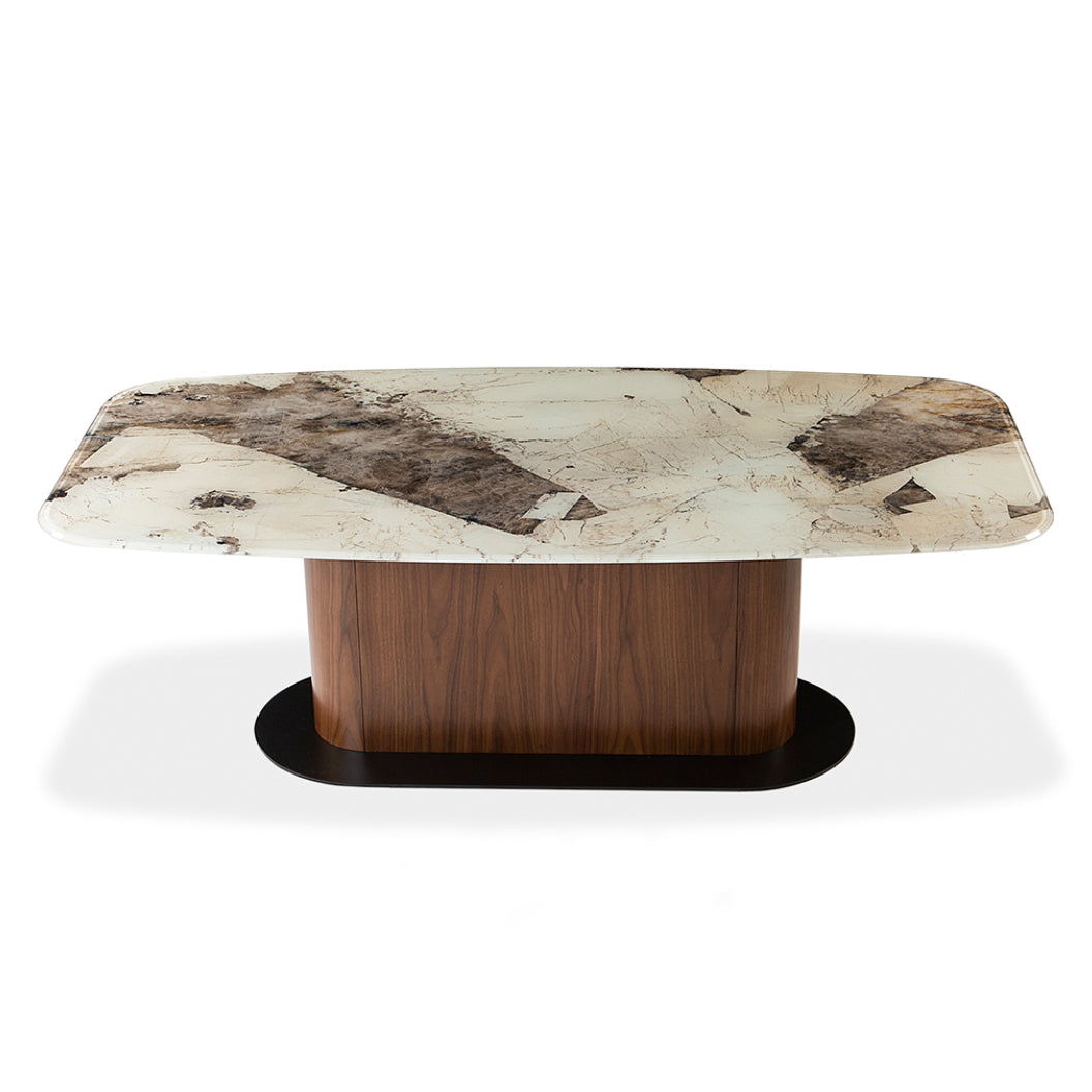 Table de salle à manger rectangulaire avec contour arrondi en verre et en bois - Luciano