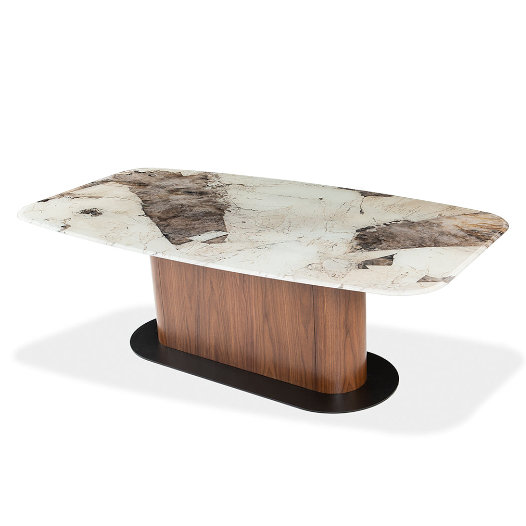 Table de salle à manger rectangulaire avec contour arrondi en verre et en bois - Luciano