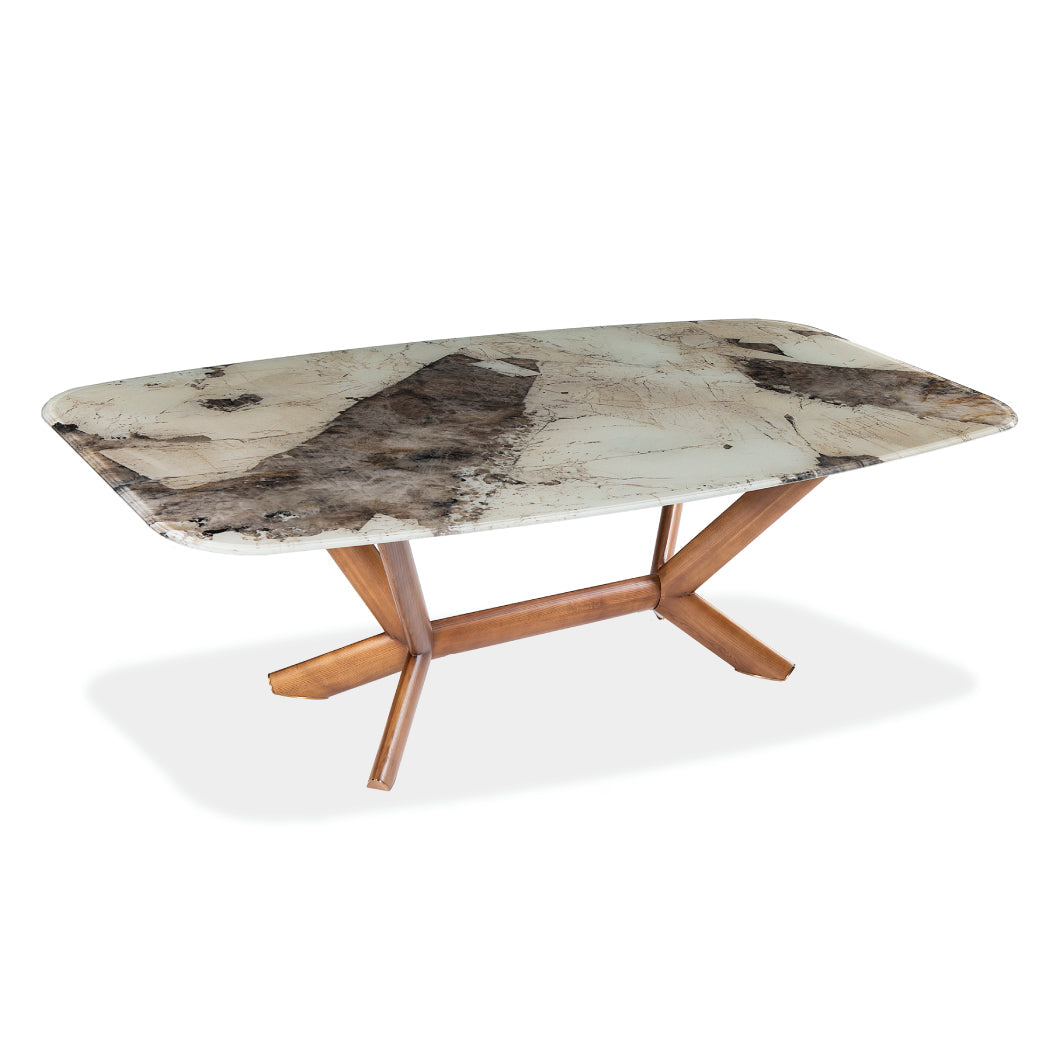 Table de salle à manger rectangulaire avec contour arrondi en verre et bois noyer - Samuel