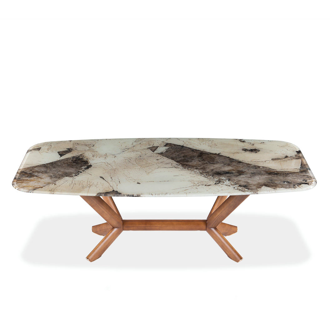 Table de salle à manger rectangulaire avec contour arrondi en verre et bois noyer - Samuel