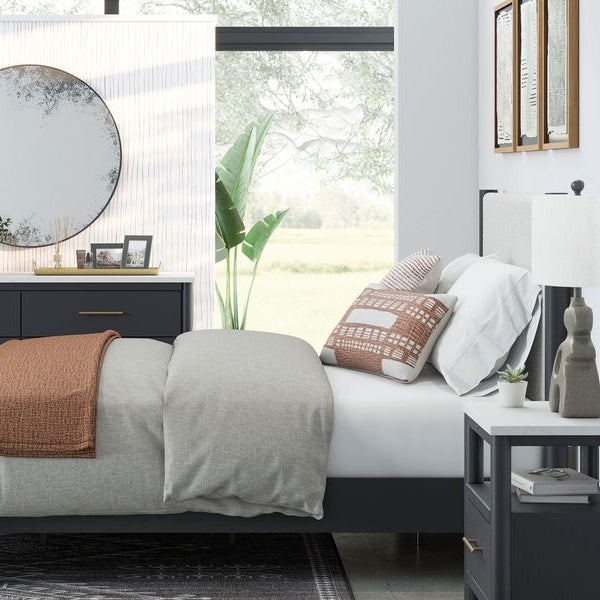 Lit complet en tissu blanc et en bois noir Cadmori - Grand