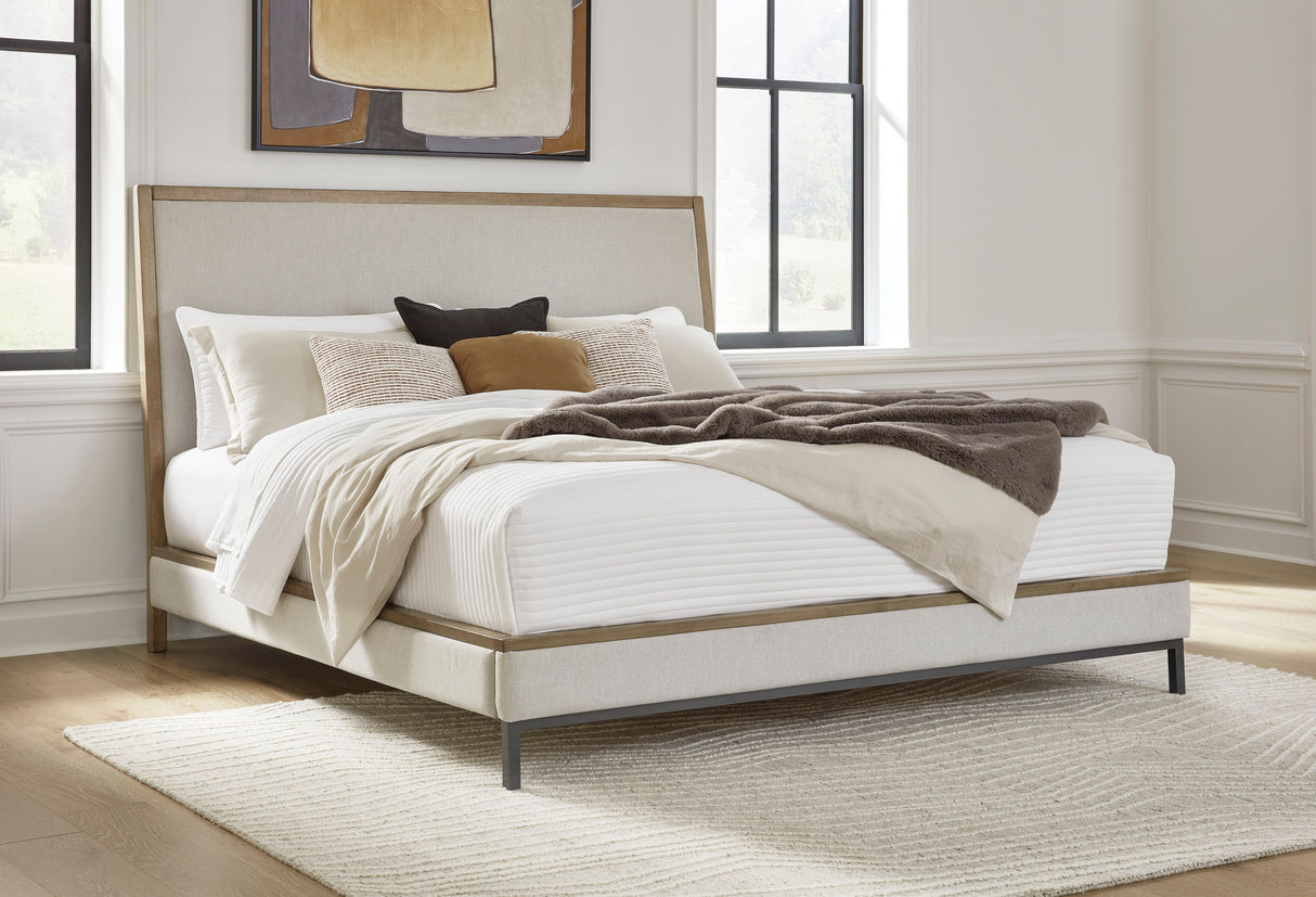 Lit  grand complet en bois brun tissu gris - Tomtyn